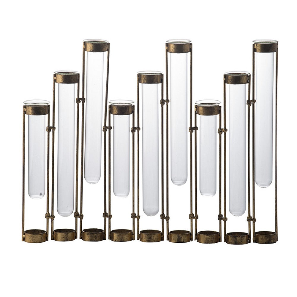 Glass Flower Vase with Separate Tubes and Bronze Metal Stand, 14 Inch Accent - BM350163
