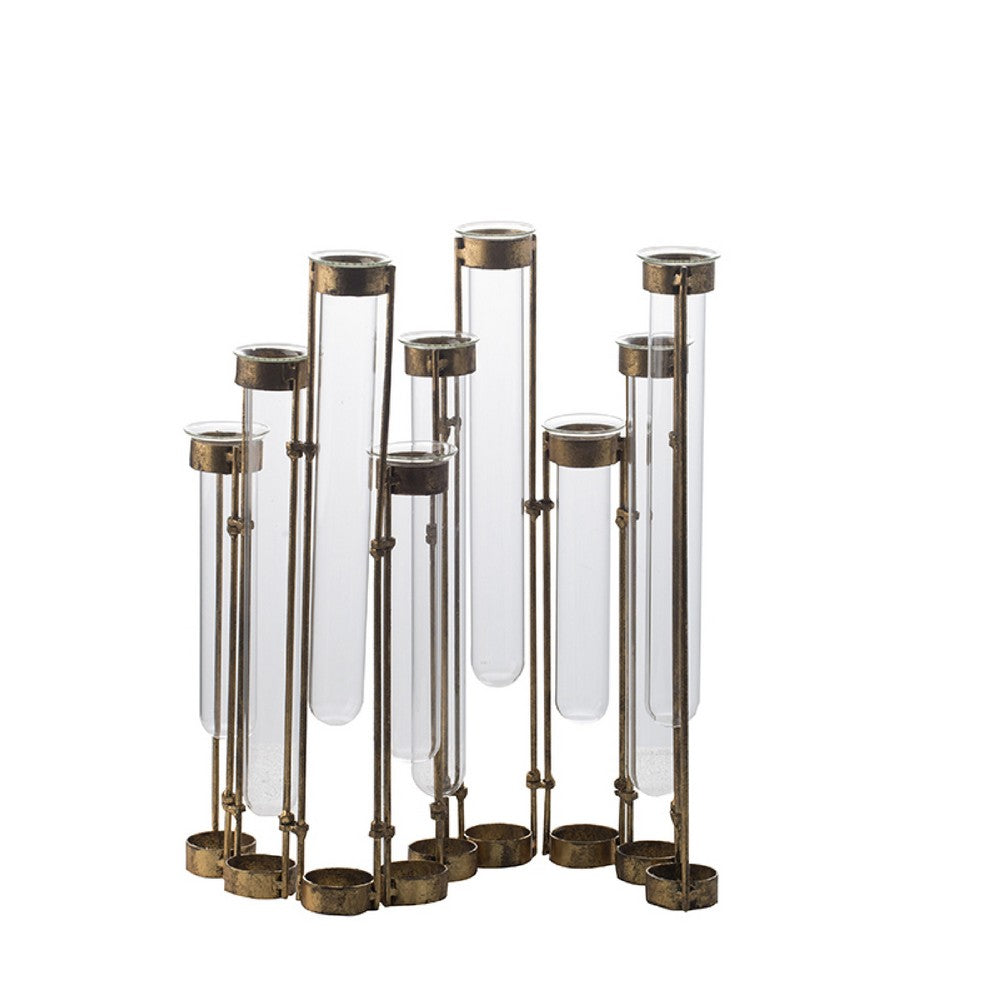 Glass Flower Vase with Separate Tubes and Bronze Metal Stand, 14 Inch Accent - BM350163