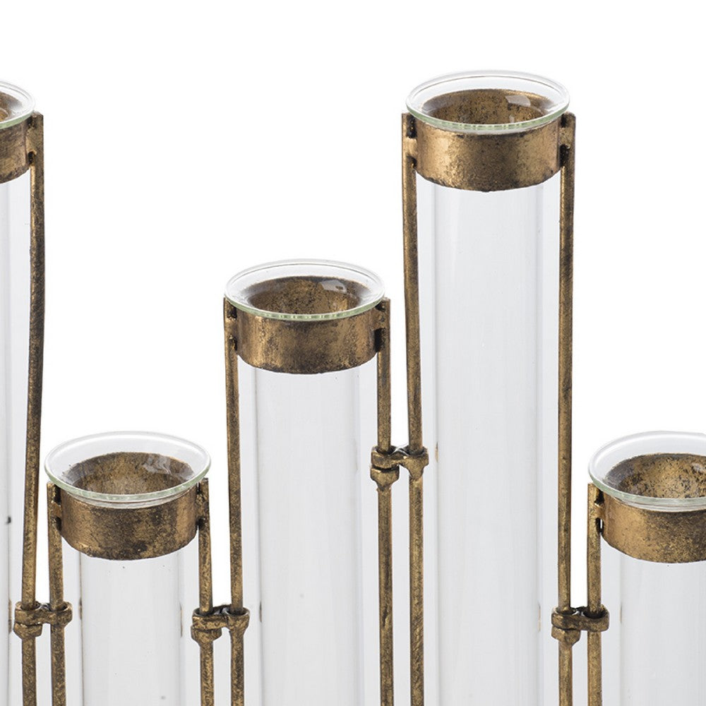 Glass Flower Vase with Separate Tubes and Bronze Metal Stand, 14 Inch Accent - BM350163