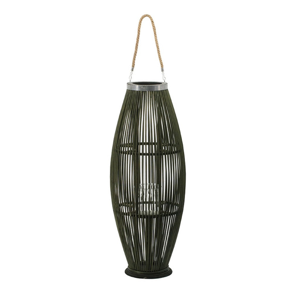 Prish Tall Lantern, Glass Insert, 33 Inch Green Bamboo Frame, Hemp Rope - BM350164