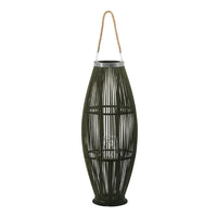 Prish Tall Lantern, Glass Insert, 33 Inch Green Bamboo Frame, Hemp Rope - BM350164