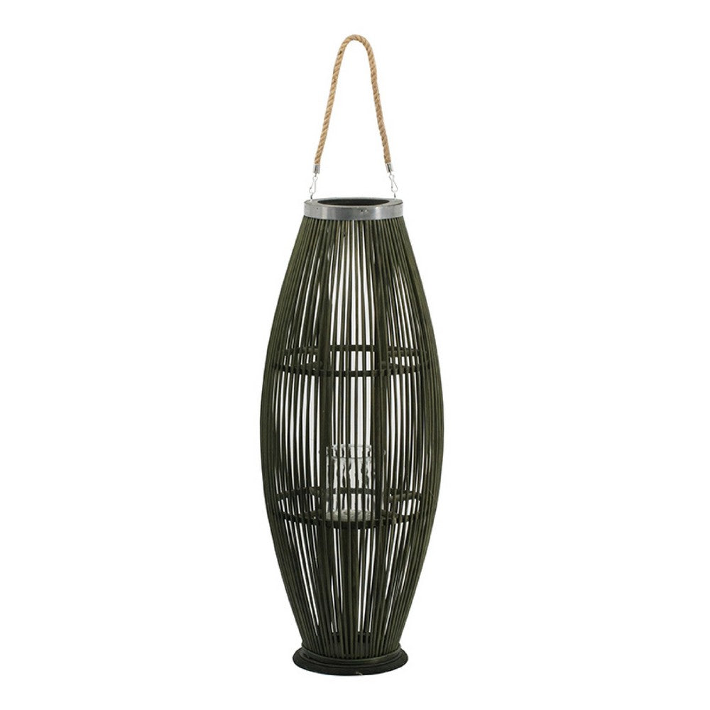 Prish Tall Lantern, Glass Insert, 33 Inch Green Bamboo Frame, Hemp Rope - BM350164
