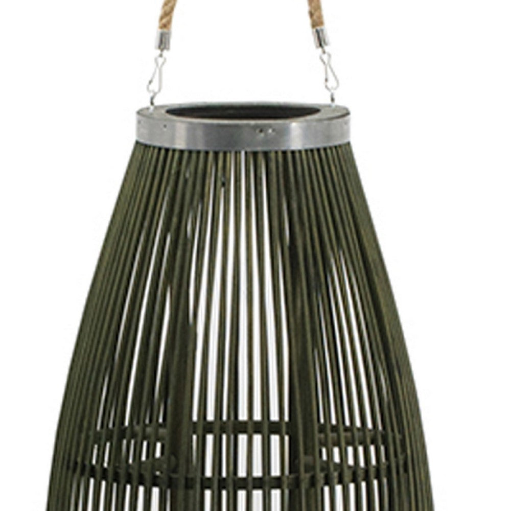 Prish Tall Lantern, Glass Insert, 33 Inch Green Bamboo Frame, Hemp Rope - BM350164