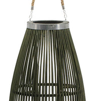 Prish Tall Lantern, Glass Insert, 33 Inch Green Bamboo Frame, Hemp Rope - BM350164