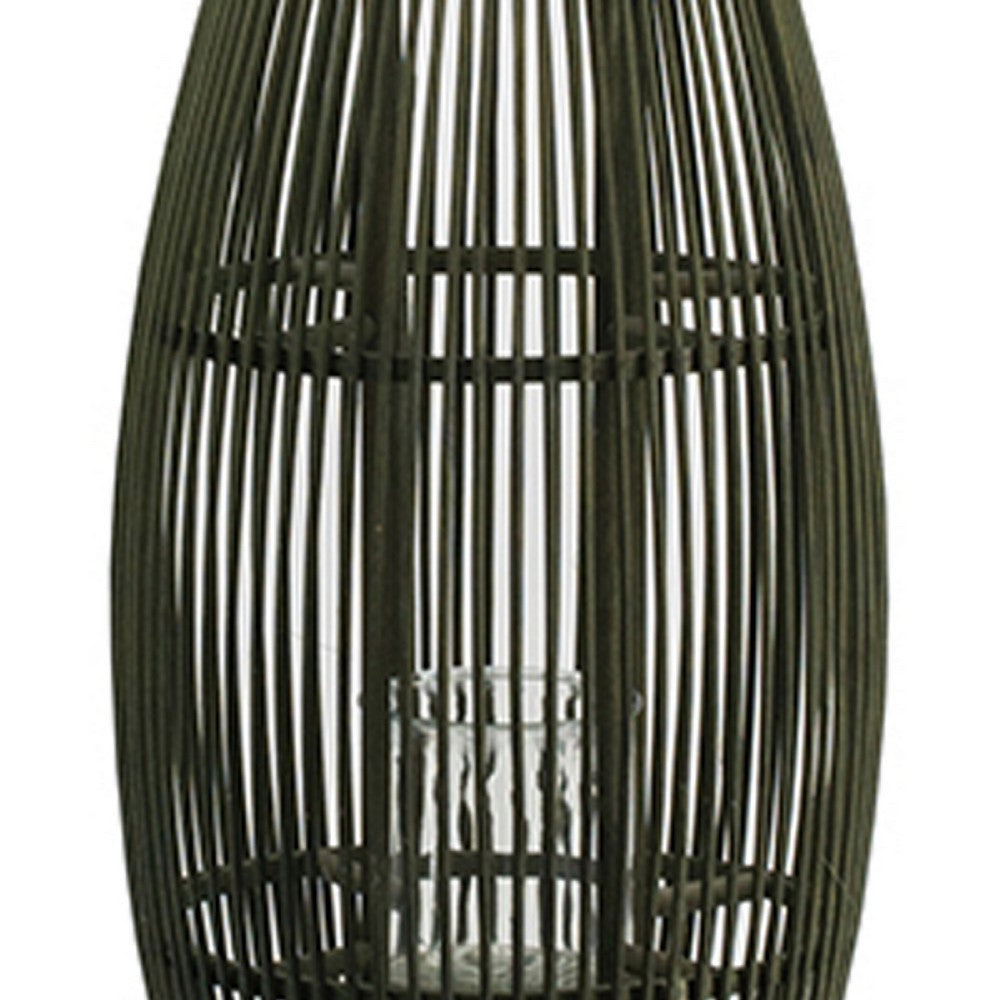 Prish Tall Lantern, Glass Insert, 33 Inch Green Bamboo Frame, Hemp Rope - BM350164