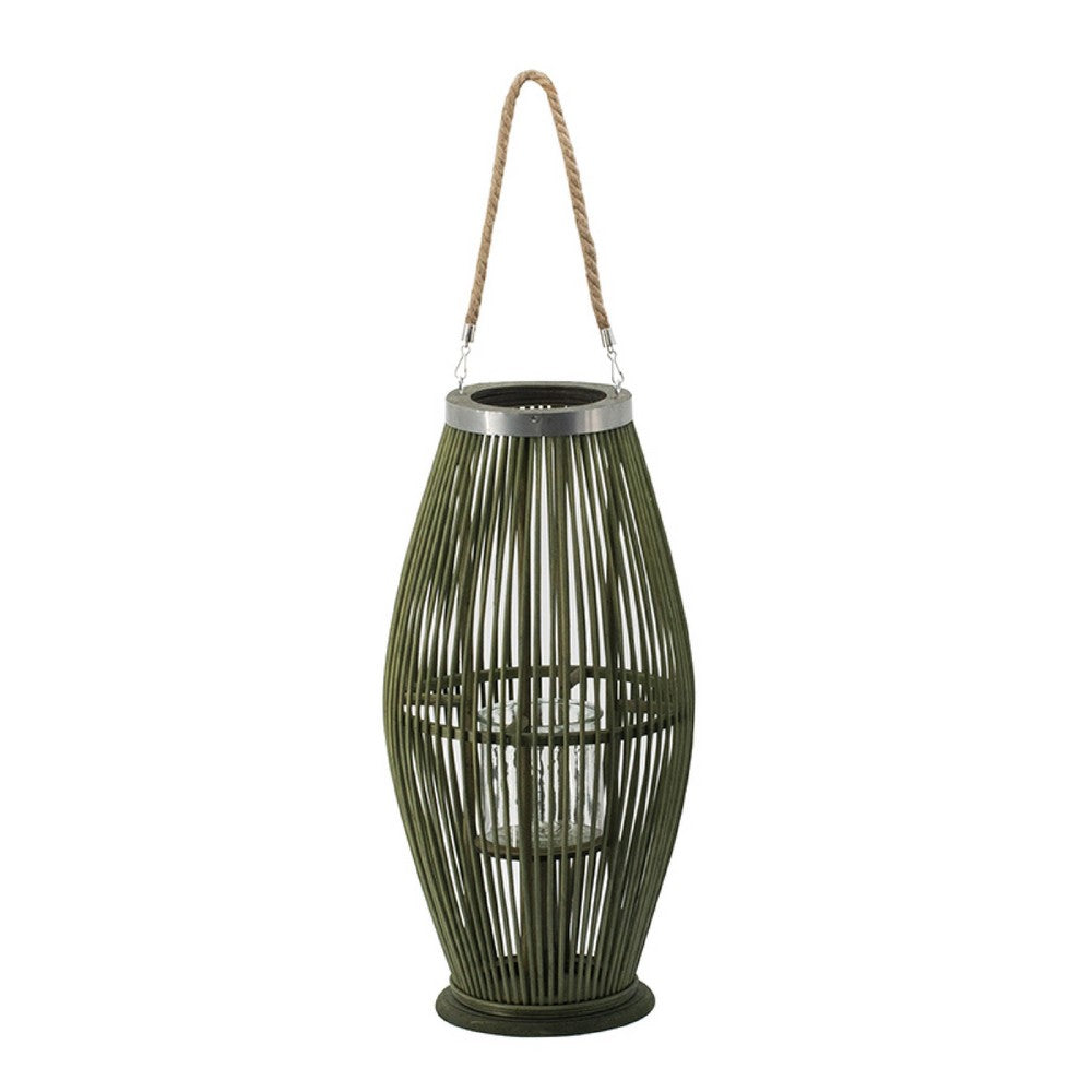 Prish Lantern, Glass Insert, 23 Inch Green Bamboo Frame, Hemp Rope - BM350165
