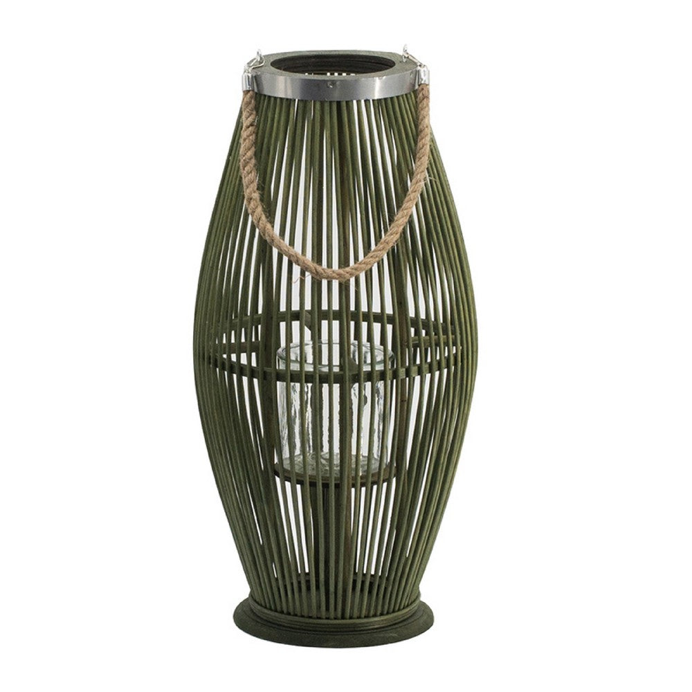 Prish Lantern, Glass Insert, 23 Inch Green Bamboo Frame, Hemp Rope - BM350165
