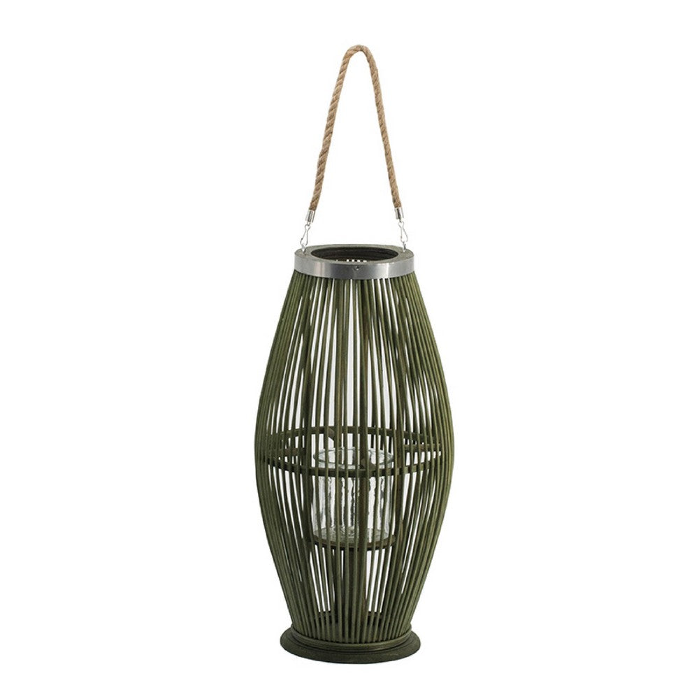 Prish Lantern, Glass Insert, 23 Inch Green Bamboo Frame, Hemp Rope - BM350165