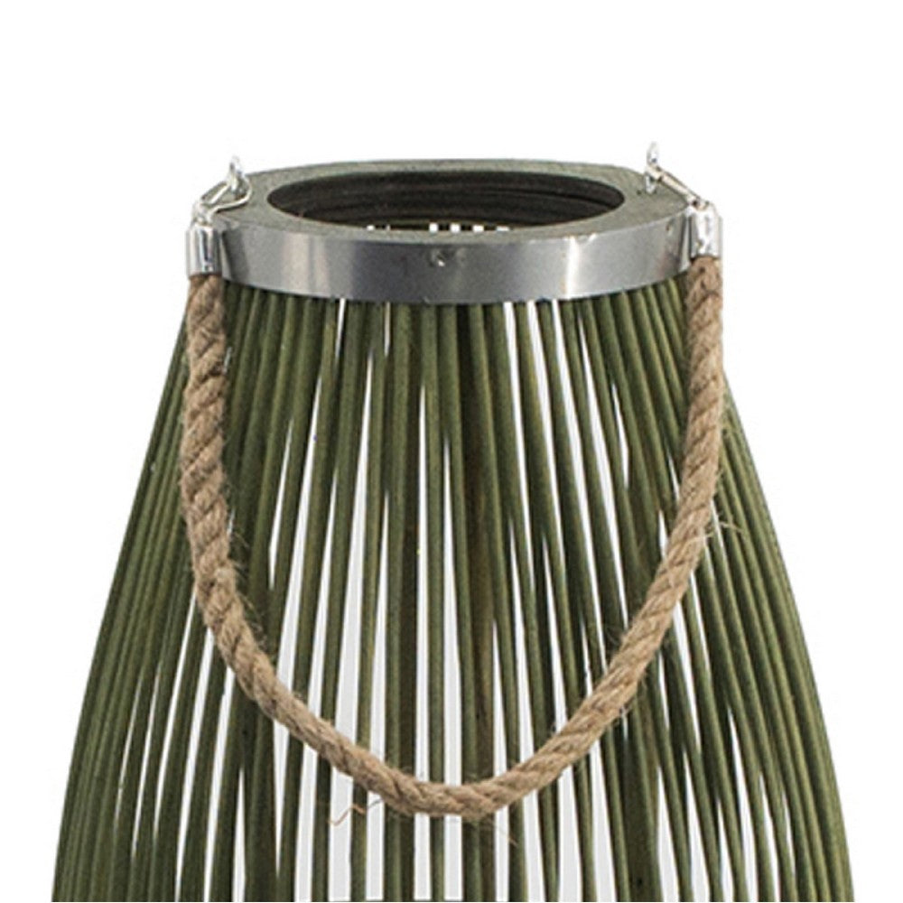 Prish Lantern, Glass Insert, 23 Inch Green Bamboo Frame, Hemp Rope - BM350165