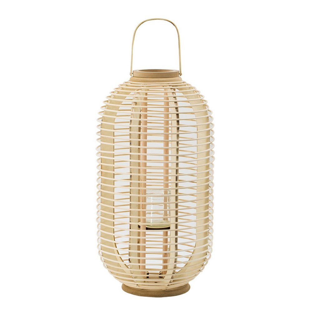 Rattan Bamboo Lantern with Glass Insert, Natural Beige Open Weave Frame - BM350166