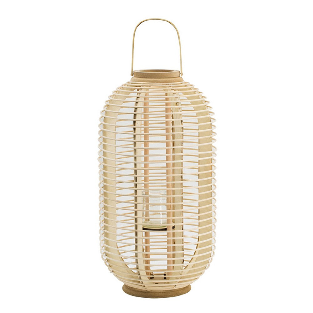 Rattan Bamboo Lantern with Glass Insert, Natural Beige Open Weave Frame - BM350166