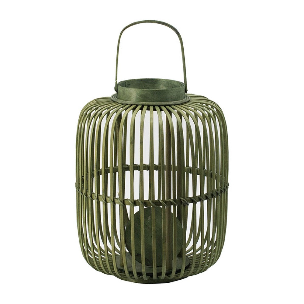 Green Bamboo Lantern with Glass Insert, Slatted Frame and Handle, 17 Inch - BM350167