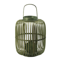 Green Bamboo Lantern with Glass Insert, Slatted Frame and Handle, 17 Inch - BM350167