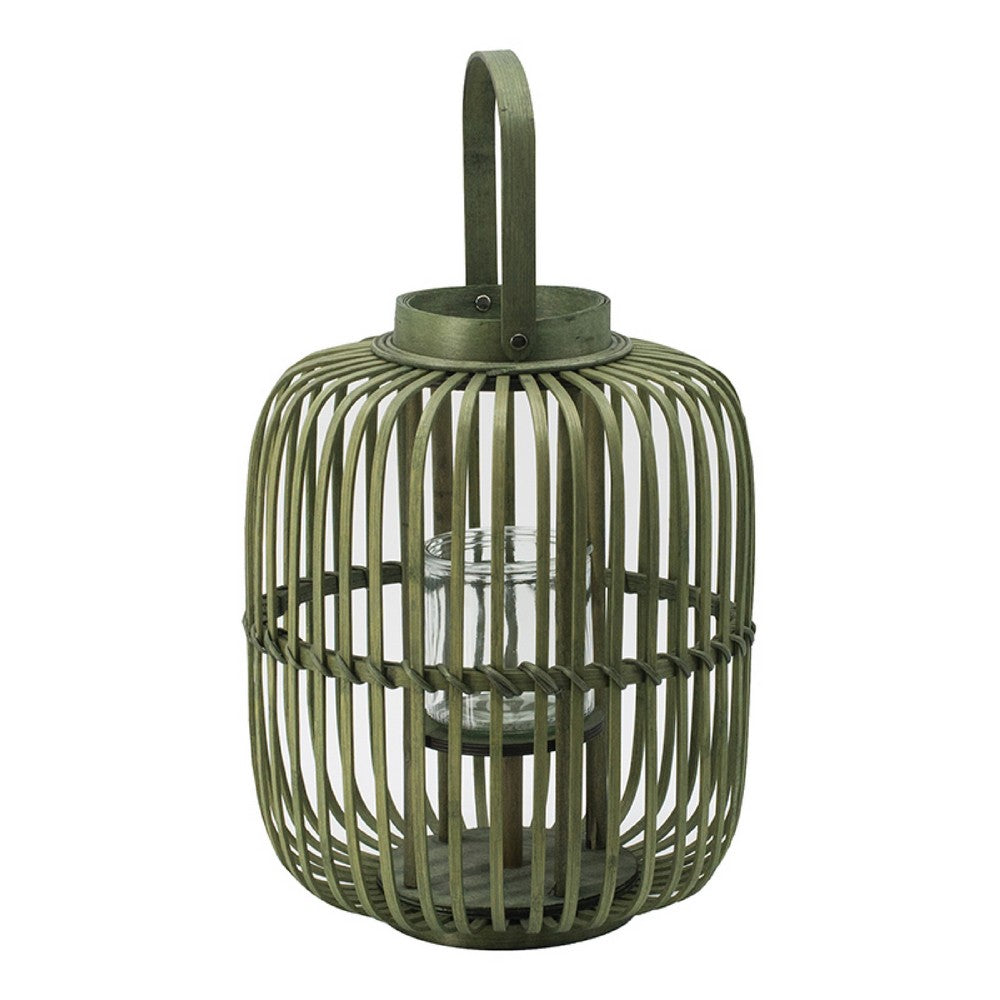 Green Bamboo Lantern with Glass Insert, Slatted Frame and Handle, 17 Inch - BM350167