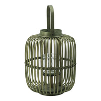 Green Bamboo Lantern with Glass Insert, Slatted Frame and Handle, 17 Inch - BM350167