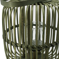 Green Bamboo Lantern with Glass Insert, Slatted Frame and Handle, 17 Inch - BM350167