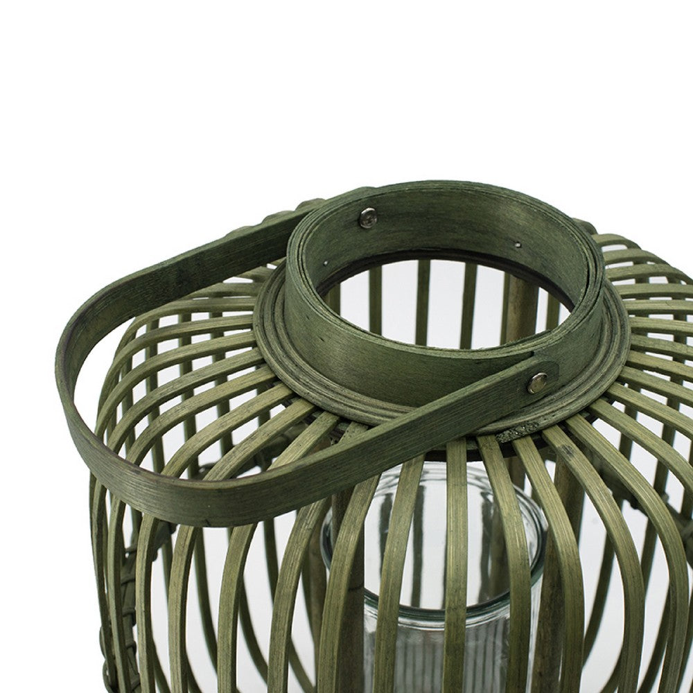 Green Bamboo Lantern with Glass Insert, Slatted Frame and Handle, 17 Inch - BM350167