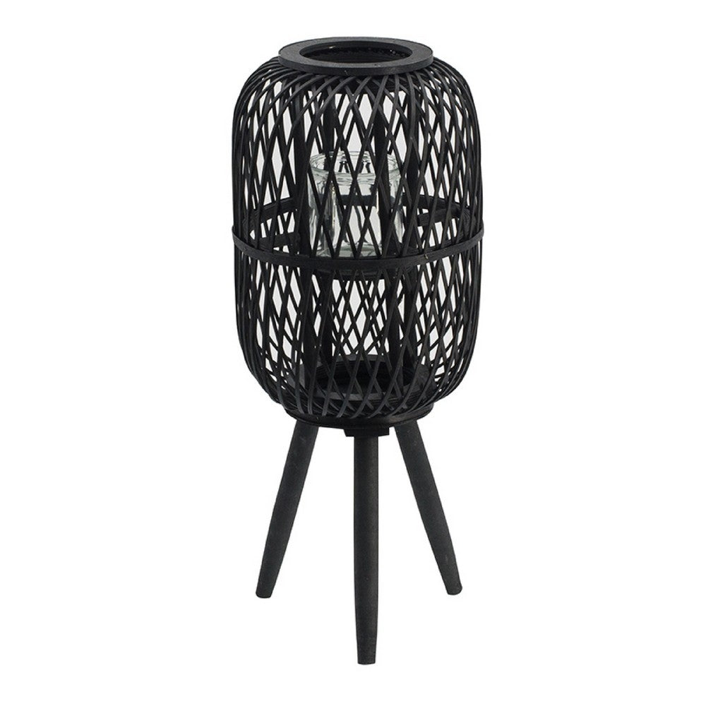 Lantern, Glass Insert with Black Bamboo Lattice Tripod Frame, 24 Inch - BM350168