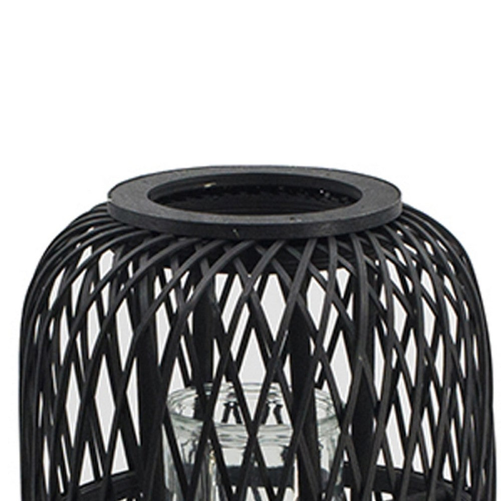 Lantern, Glass Insert with Black Bamboo Lattice Tripod Frame, 24 Inch - BM350168