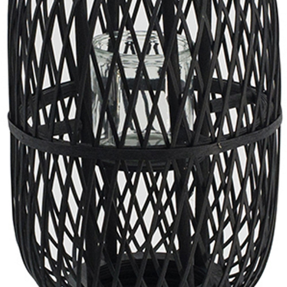 Lantern, Glass Insert with Black Bamboo Lattice Tripod Frame, 24 Inch - BM350168