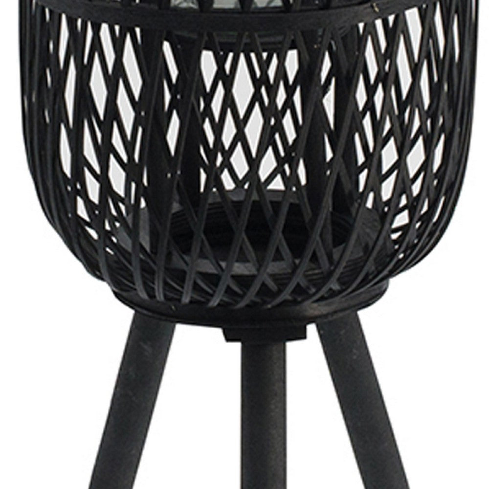 Lantern, Glass Insert with Black Bamboo Lattice Tripod Frame, 24 Inch - BM350168