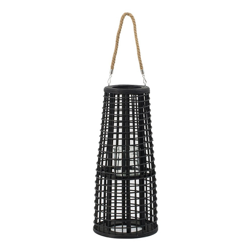 Rattan Lantern with Rope Hanging Handle, Open Slat Design, Black, 21 Inch - BM350169