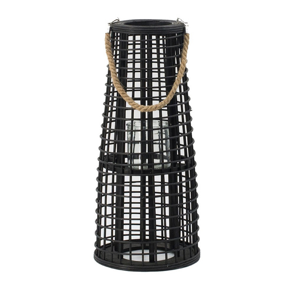 Rattan Lantern with Rope Hanging Handle, Open Slat Design, Black, 21 Inch - BM350169