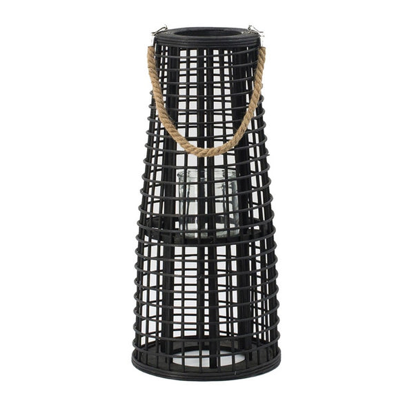 Rattan Lantern with Rope Hanging Handle, Open Slat Design, Black, 21 Inch - BM350169