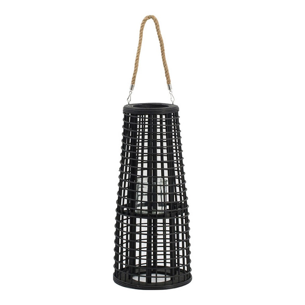 Rattan Lantern with Rope Hanging Handle, Open Slat Design, Black, 21 Inch - BM350169