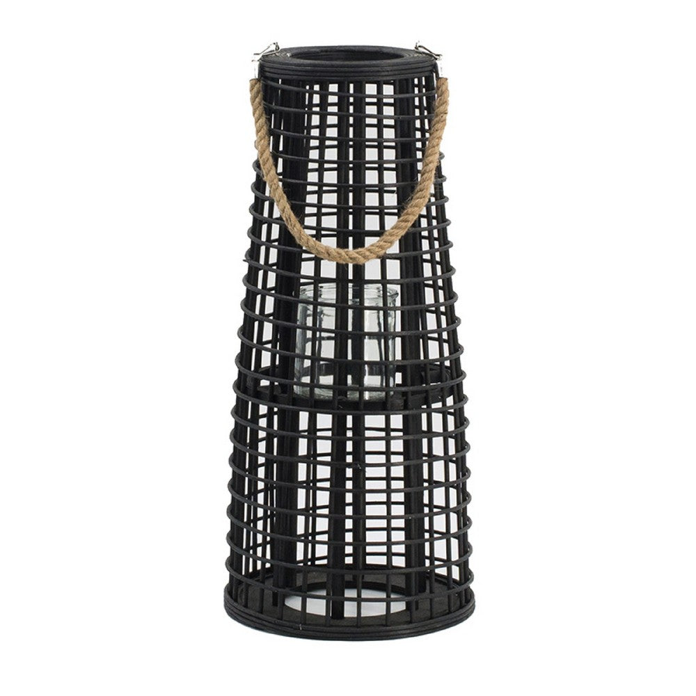 Rattan Lantern with Rope Hanging Handle, Open Slat Design, Black, 21 Inch - BM350169