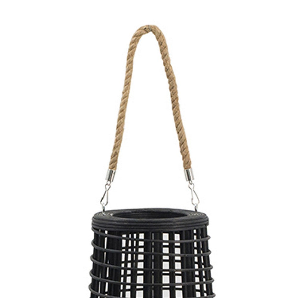 Rattan Lantern with Rope Hanging Handle, Open Slat Design, Black, 21 Inch - BM350169
