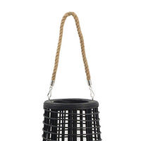 Rattan Lantern with Rope Hanging Handle, Open Slat Design, Black, 21 Inch - BM350169