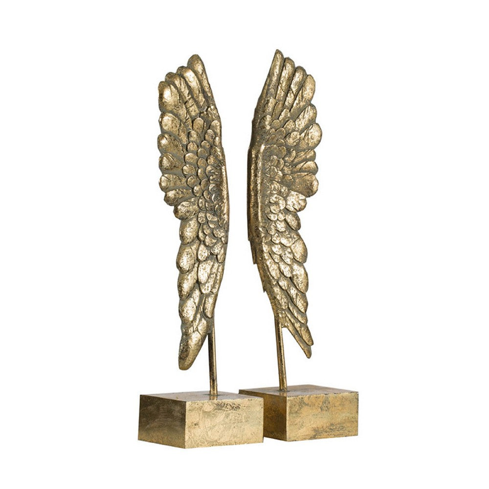 Angel Wing Bookend Set of 2, Square Base, Gold Resin, Antique Style - BM350170