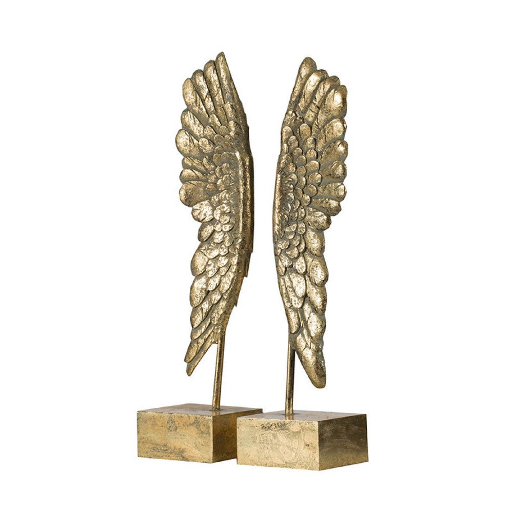 Angel Wing Bookend Set of 2, Square Base, Gold Resin, Antique Style - BM350170