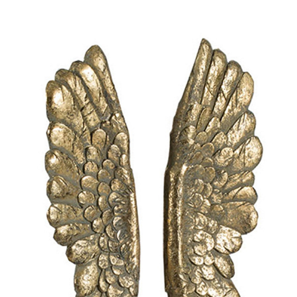 Angel Wing Bookend Set of 2, Square Base, Gold Resin, Antique Style - BM350170