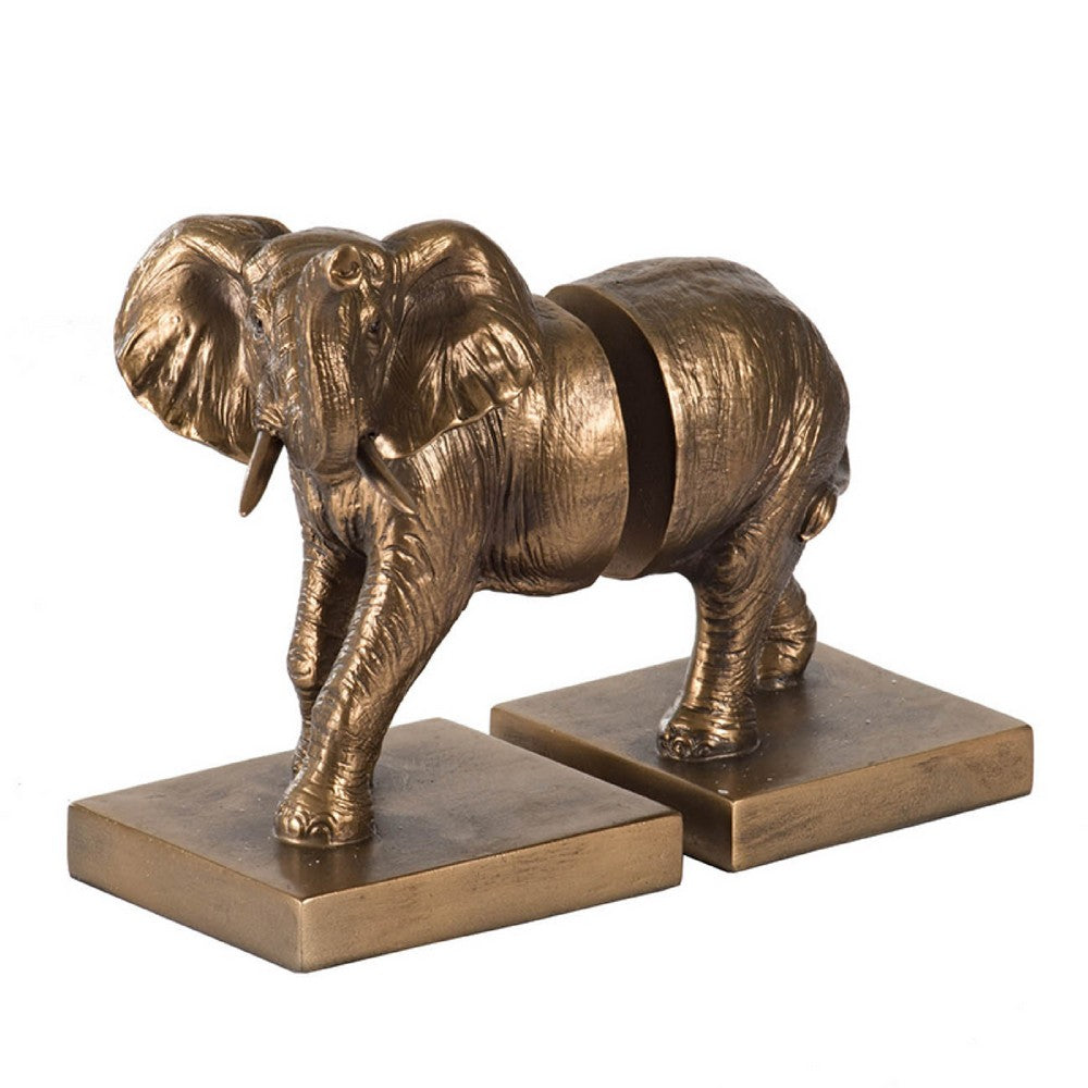 Nimy Decorative Bookend Set of 2, Trumpeting Elephant, Bronze Polyresin - BM350175