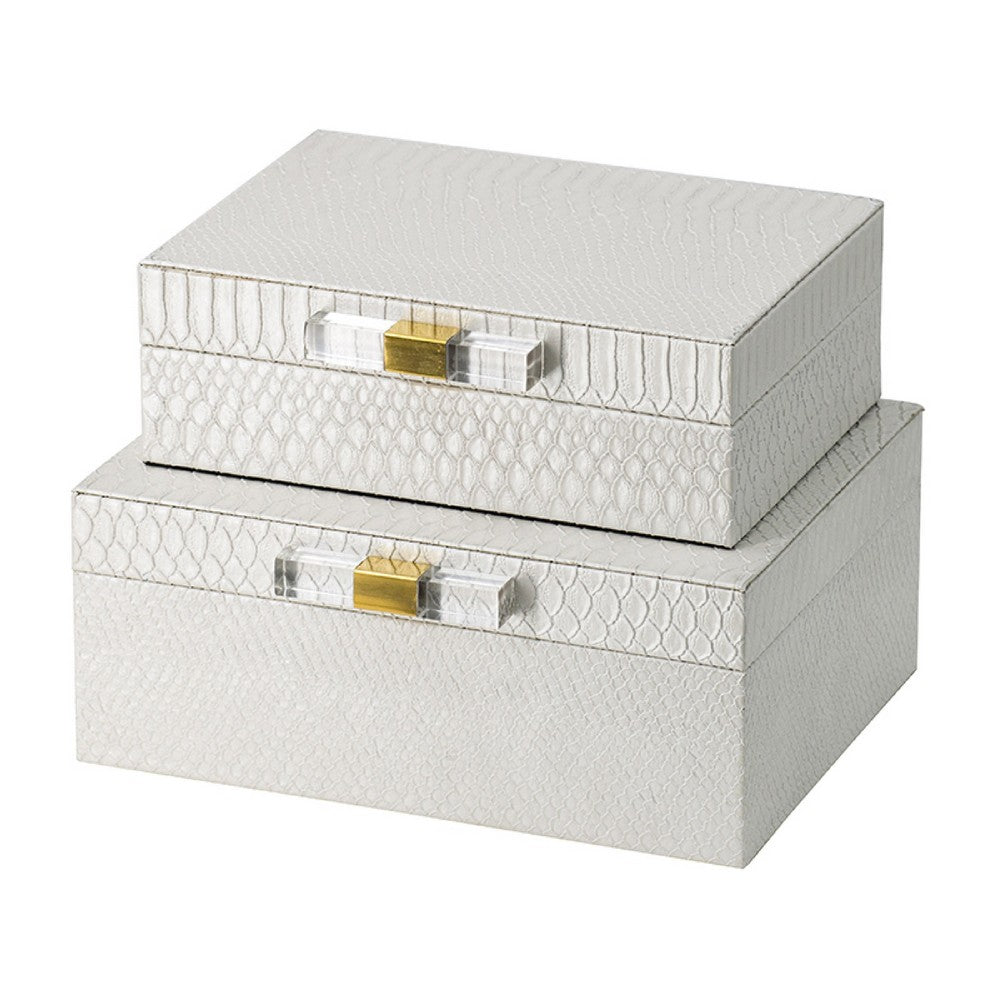 Anop 2pc Storage Box Set, Faux Snakeskin Finish, Flannel Lined, White - BM350178