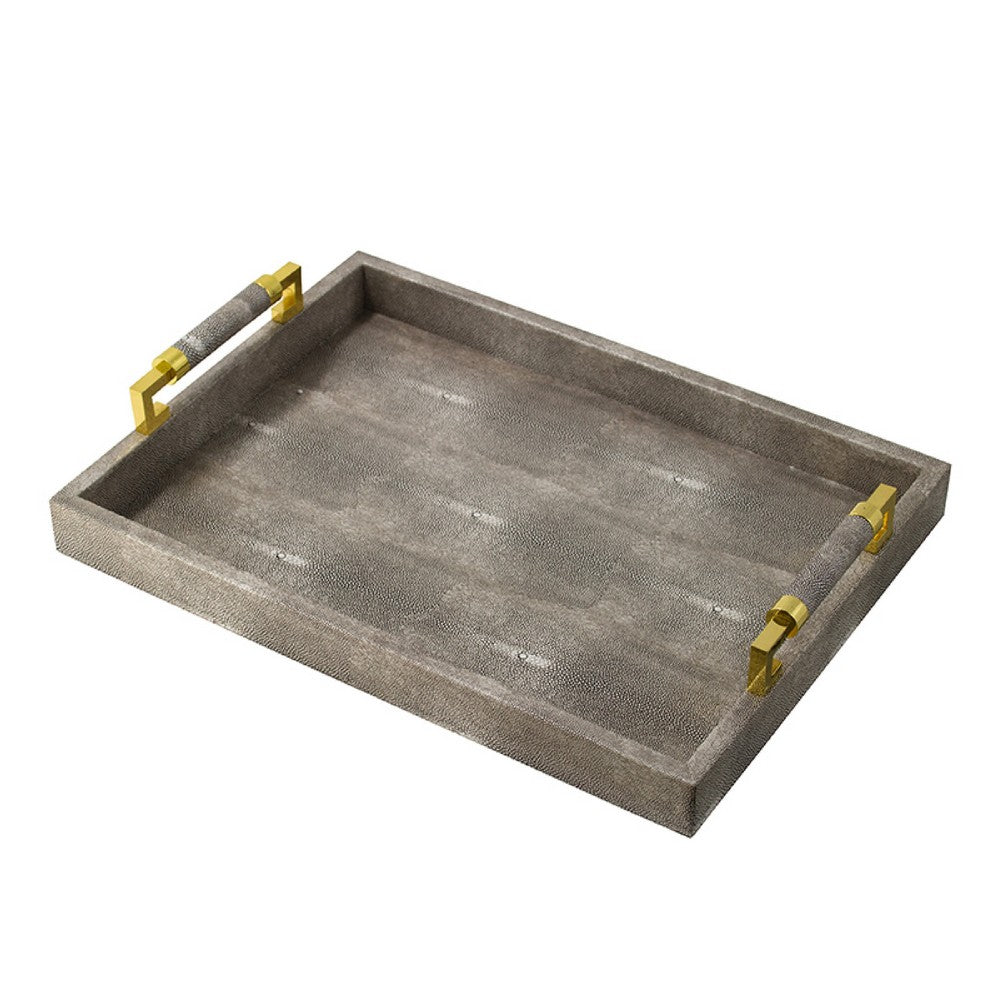 Decorative Tray, Faux Leather Texture Finish, Gold Handles, Gray 19 Inch - BM350180