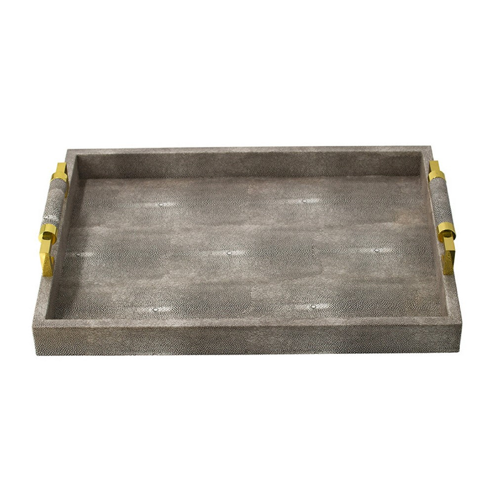 Decorative Tray, Faux Leather Texture Finish, Gold Handles, Gray 19 Inch - BM350180
