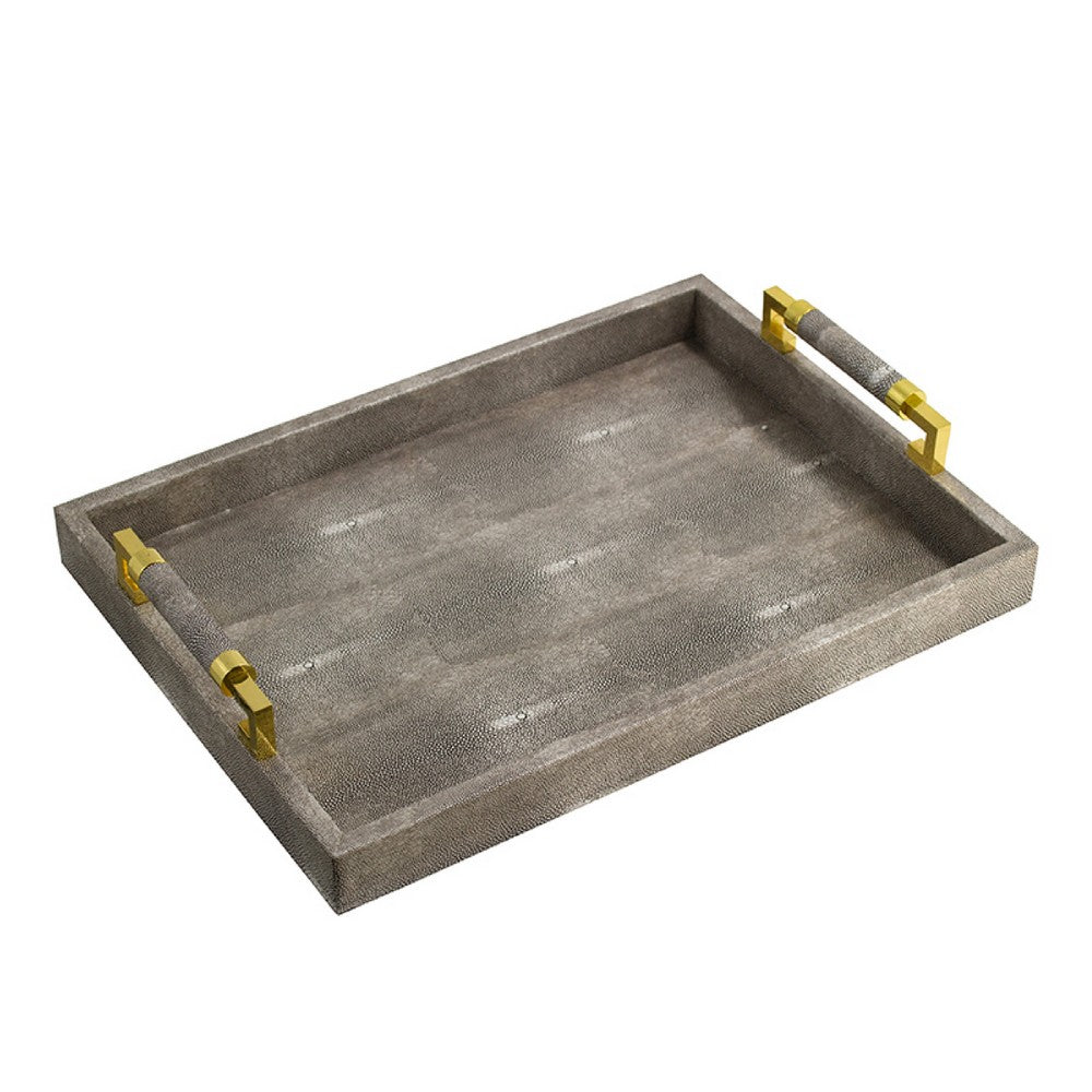 Decorative Tray, Faux Leather Texture Finish, Gold Handles, Gray 19 Inch - BM350180