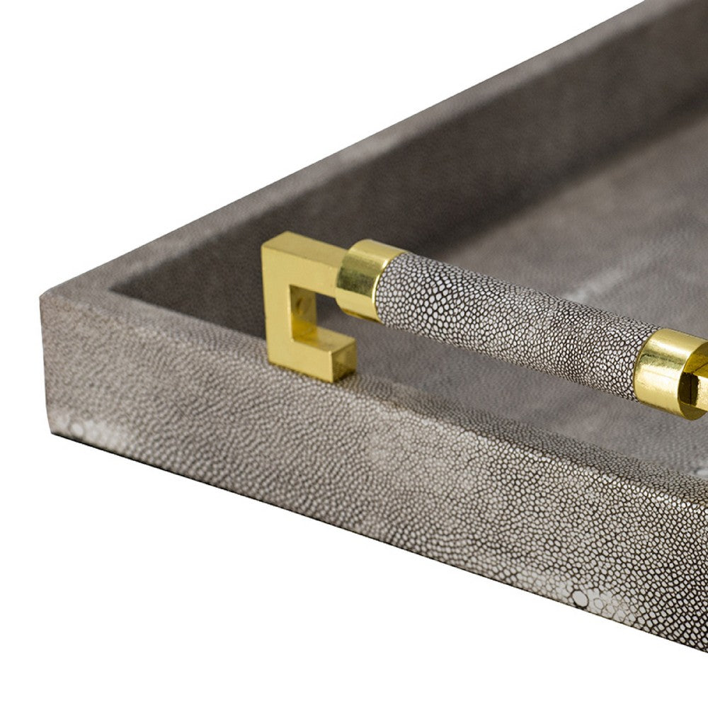 Decorative Tray, Faux Leather Texture Finish, Gold Handles, Gray 19 Inch - BM350180