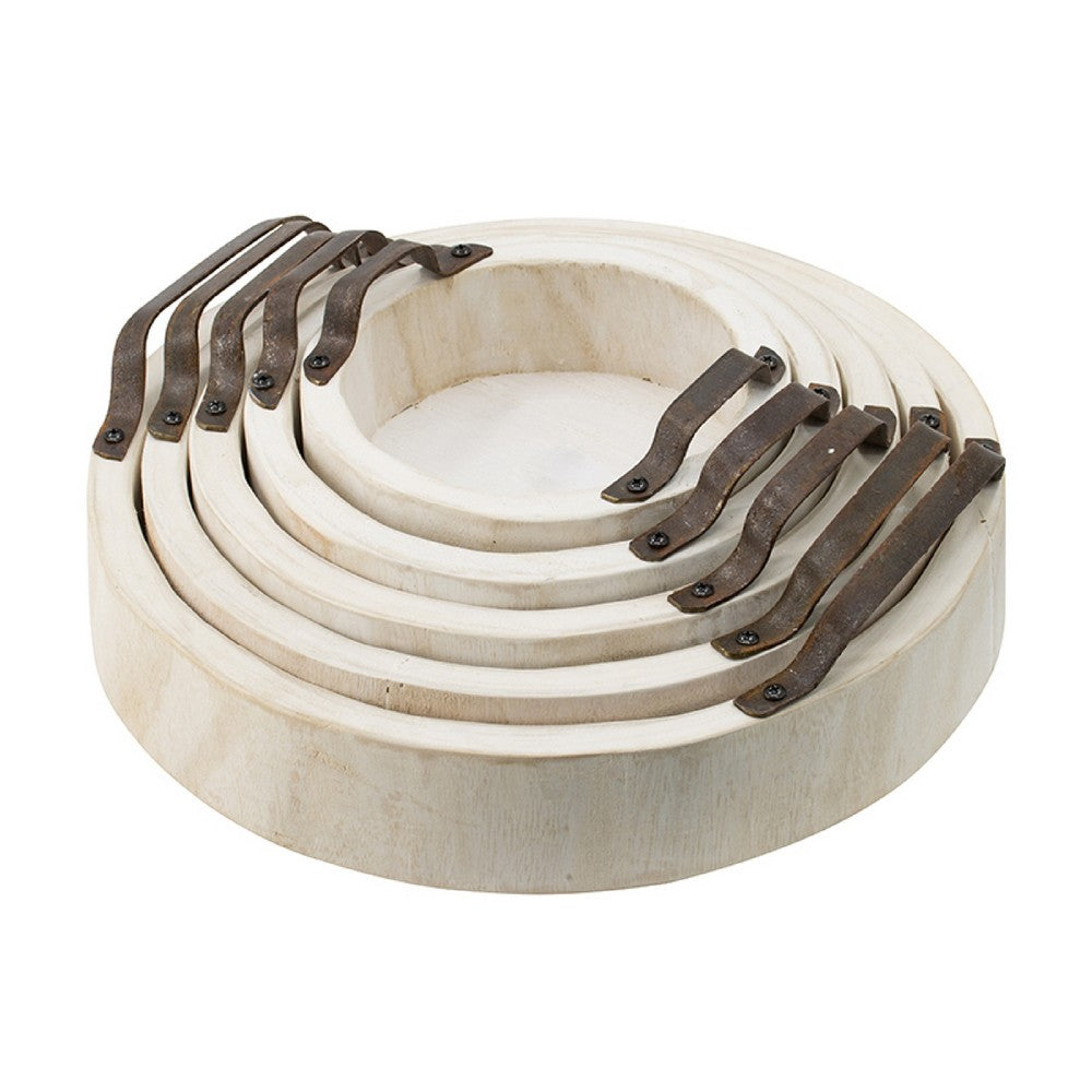 Nive Round Nesting Tray Set of 5, Brown Handles, Whitewash Paulownia Wood - BM350181