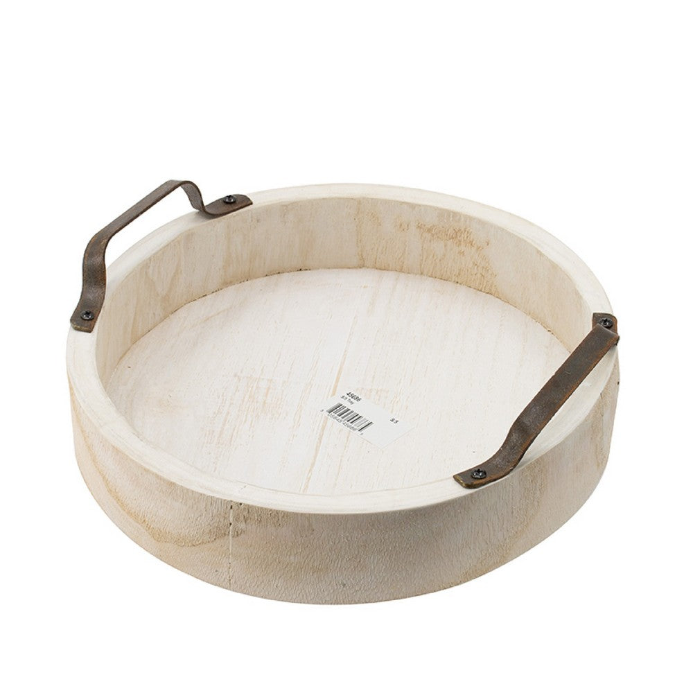 Nive Round Nesting Tray Set of 5, Brown Handles, Whitewash Paulownia Wood - BM350181