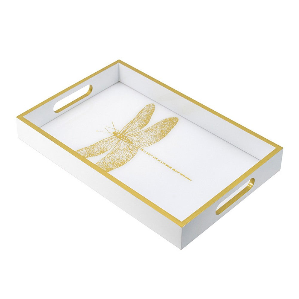 Decorative Tray, Gold Dragonfly, Cutout Handles, White Acrylic 16 Inch - BM350183