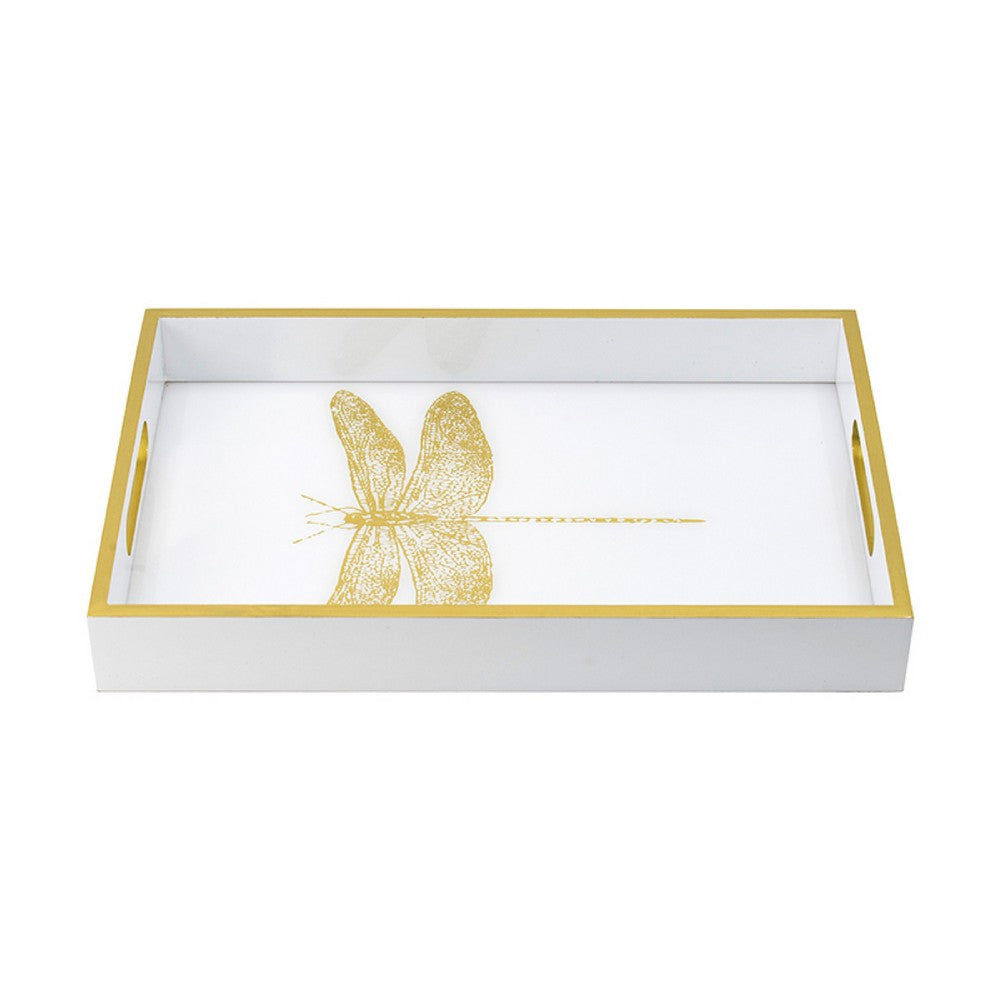 Decorative Tray, Gold Dragonfly, Cutout Handles, White Acrylic 16 Inch - BM350183