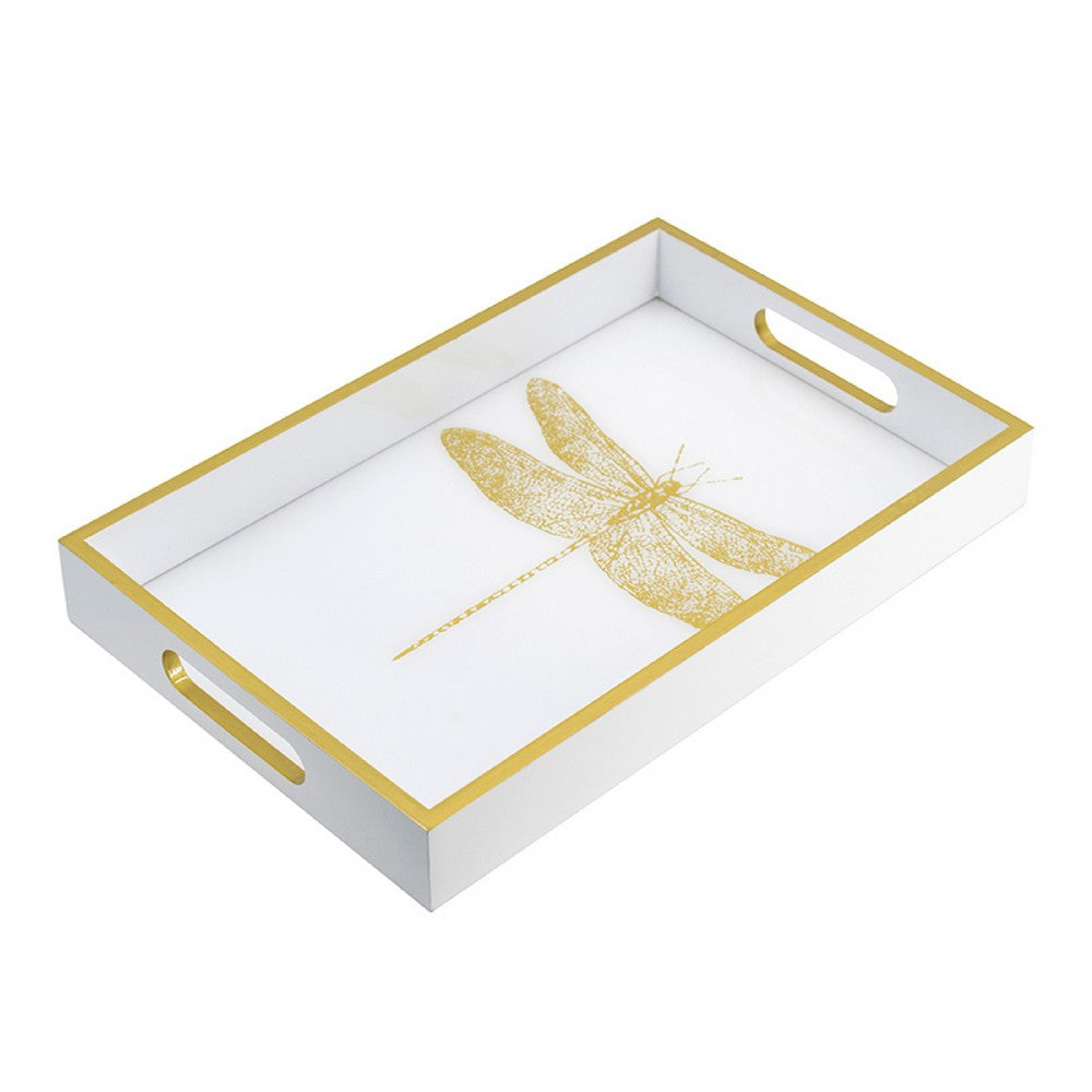 Decorative Tray, Gold Dragonfly, Cutout Handles, White Acrylic 16 Inch - BM350183