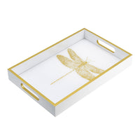 Decorative Tray, Gold Dragonfly, Cutout Handles, White Acrylic 16 Inch - BM350183