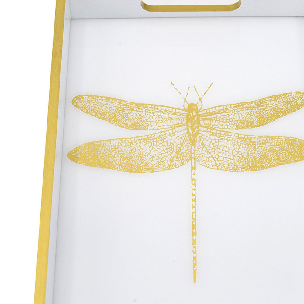 Decorative Tray, Gold Dragonfly, Cutout Handles, White Acrylic 16 Inch - BM350183
