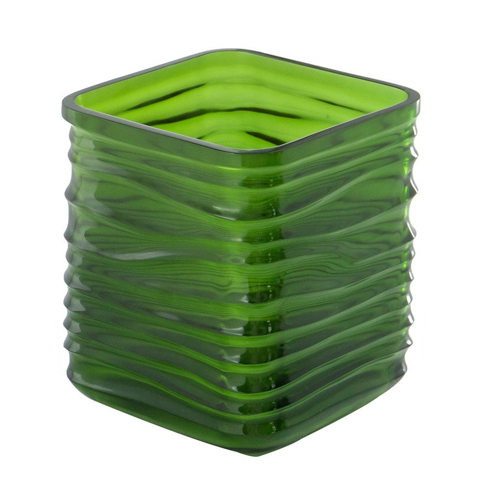 Decorative Vase, Square Shaped Rippled Texture, Green Resin 9 Inch - BM350185