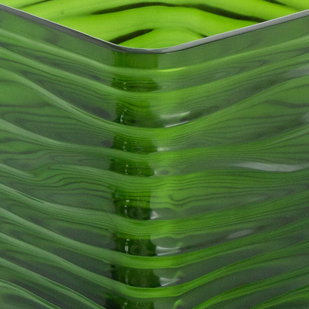 Decorative Vase, Square Shaped Rippled Texture, Green Resin 9 Inch - BM350185